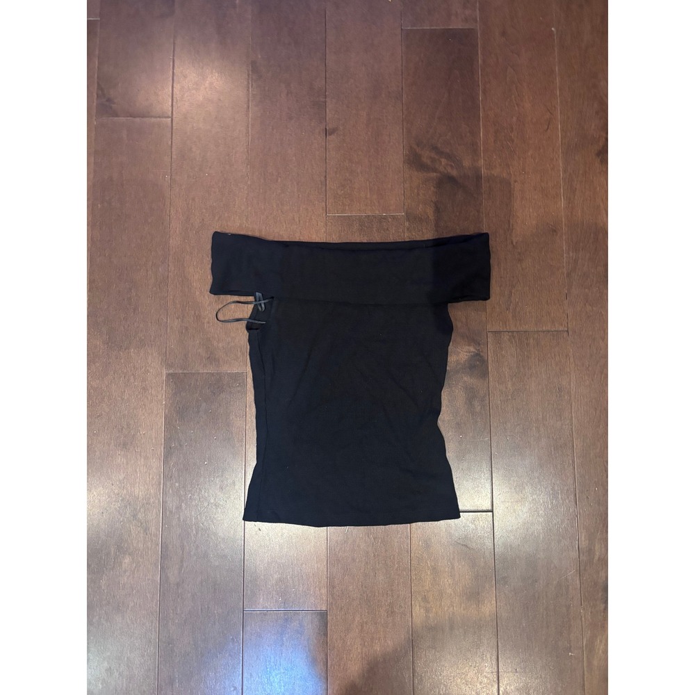 Black Off The Shoulder Ribbed Knit Top Fold Over Neckline Minimalist Blouse